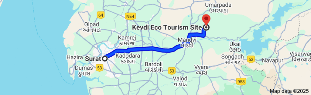 Route map showing directions to Kevdi Eco Tourism Campsite from Surat